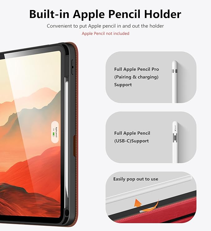 DTTO for iPad Air 11 inch Case M4 / M3 / M2 (2026/2025/2024) iPad Air 5th / 4th Gen (2022/2020) 360 Degree Rotating Premium Leather Folio Stand Cover with Pencil Holder Red
