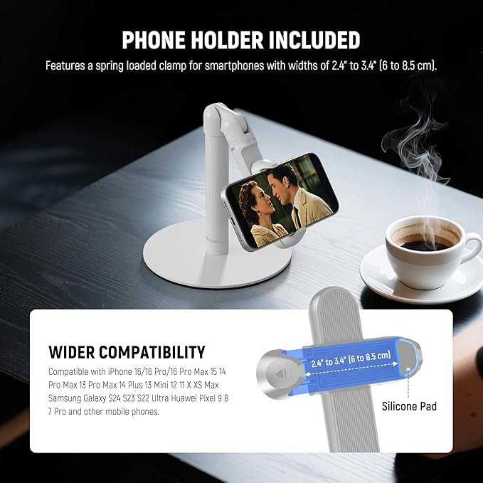 NEEWER Basics Cell Phone Stand for Desk Adjustable Office Bed Table Phone Mount Holder Clamp with Weighted Metal Base Compatible with iPhone Video Recording ST006 White