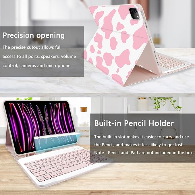 TopPerfekt for iPad Pro 11 4th/3rd/2nd/1st Gen (2022/2021/2020/2018) Keyboard Case Magnetically Absorbent Auto Sleep/Wake Support 2nd Gen Pencil Wireless Charge with Pencil Holder - Pink Cow