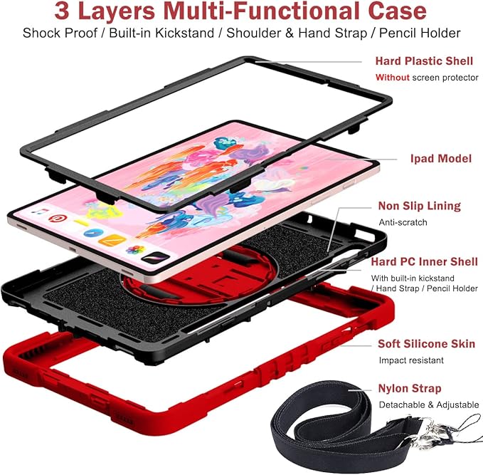 Shockproof Case for Samsung Galaxy Tab S8 2022/S7 2020 11 Tablet with Shoulder Strap Techcircle Heavy Duty Rotating Kickstand Rugged Defender Protective Case with Adjustable Hand Strap Red