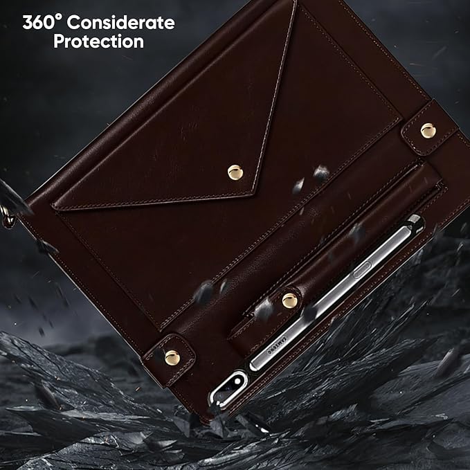 Tablet Carrying Shoulder Bag Case for Samsung Galaxy Tab S10+ Plus/ S9 FE+ Plus 5G/ S9+ 12.4 PU Leather Hand Strap Crossbody Shoulder Strap Cards Holder Pocket S Pen Holder Stand CaseDark Coffee