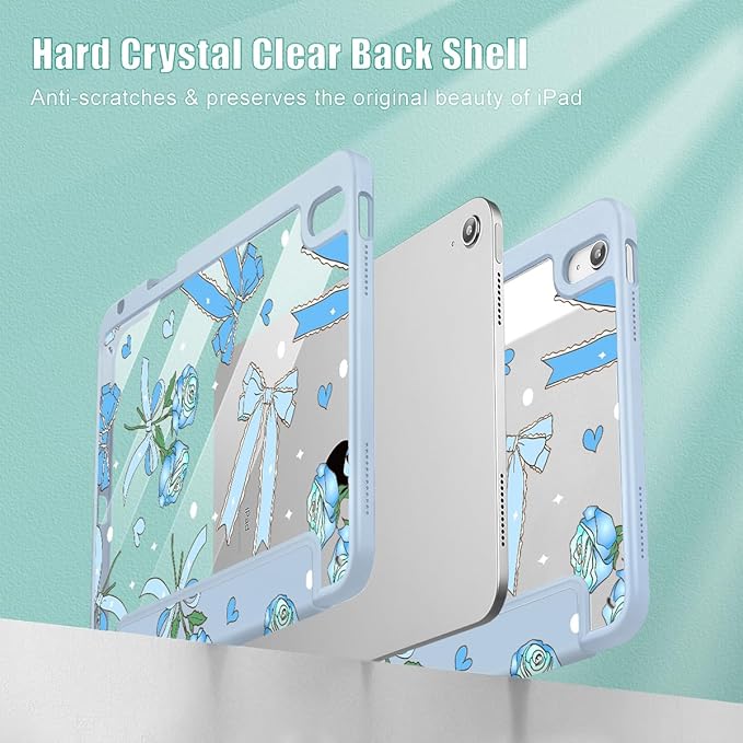 Tuiklol Case for iPad 11 inch (A16 Chip) 2025 Gen 11th / iPad 10.9 inch 2022 10th Gen Buit in Pencil Holder with Shockproof Cover Clear Transparent Back Shell Auto Wake/SleepBow &amp Rose Blue