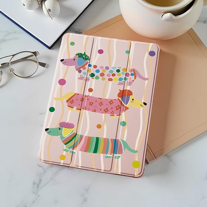 Idocolors Case for iPad 11 inch (A16 Chip) 2025 Generation 11th / iPad 10.9 inch 2022 10th Gen Built-in Pencil Holder with Soft TPU Shockproof Back Shell Auto Wake/Sleep Dachshund-Pink