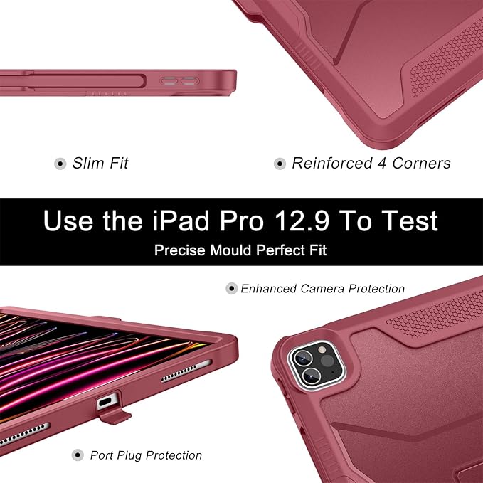 Soke Case for iPad Pro 12.9 Inch 6th/5th/4th Generation(2022/2021/2020 Release) Rugged Shockproof Protective Cover with Built-in Kickstand for Apple iPad Pro 12.9 - Dark Red