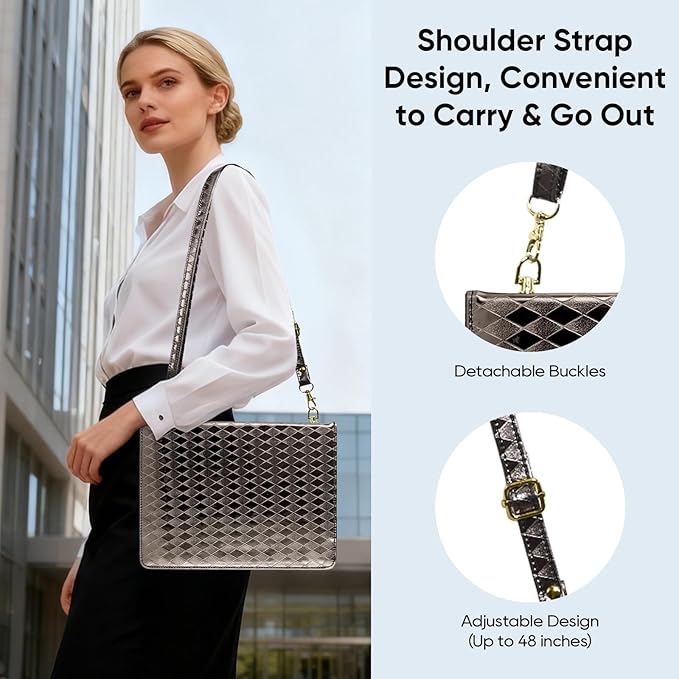 Tablet Carrying Shoulder Bag Case for Samsung Galaxy Tab S10 FE+ Plus 13.1 2025 SM-X620 X626 Iridescent Diamond Texture Envelope PU Leather Hand Strap Cards Holder Pocket S Pen Holder CaseBlack