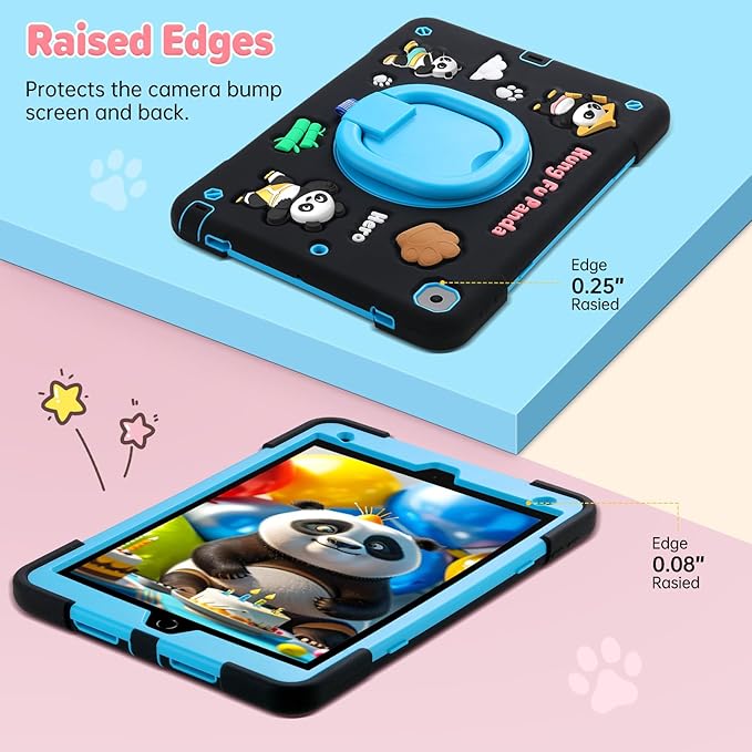 Case for iPad 9th/8th/7th GenerationCute 3D Cool Panda Warrior Design Cover with Screen Protector Rugged Protective Cartoon Case with Stand/Strap/Pen Slot for iPad 10.2 Kids Teens (Black+Blue)