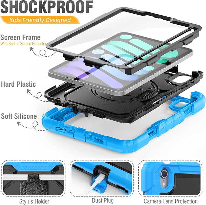 HXCASEAC Case for iPad mini 7 (A17 Pro) / iPad mini 6 Case 8.3 inch Full Body Protective with Pencil Holder Carrying Strap Hand Strap Protector Rotating Stand A2995 A2993 A2567 A2568 Light Blue