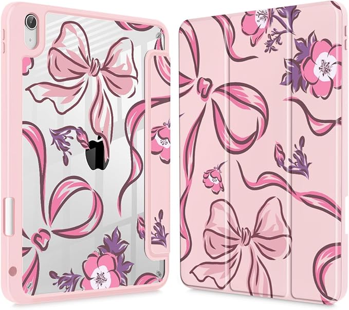 Mektron Case for 2026 iPad Air 13 inch M4 Cover Compatible 2025 iPad Air 13 inch M3 2024 iPad Air 13 inch M2 with Pencil Holder Shockproof Clear Shell Flowers-Bows-Pink