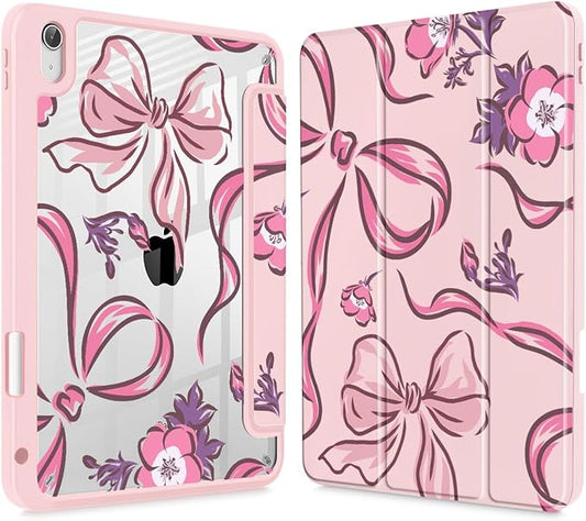 Mektron Case for 2026 iPad Air 13 inch M4 Cover Compatible 2025 iPad Air 13 inch M3 2024 iPad Air 13 inch M2 with Pencil Holder Shockproof Clear Shell Flowers-Bows-Pink