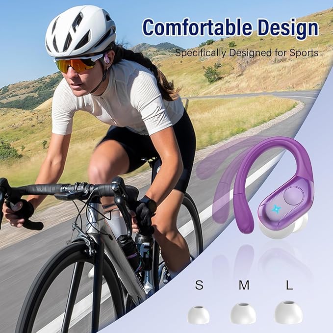 Wireless Earbuds Bluetooth 5.4 Headphones 75H Stereo Deep Bass Sports Over Ear Buds with Earhooks LED Display Bluetooth Earbuds with 4 ENC Mic IP7 Waterproof Earphone for RunningDark Purple