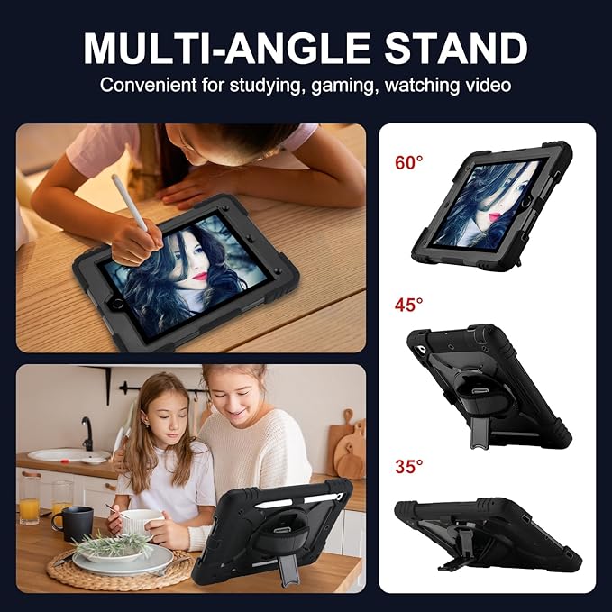 for iPad 6th Generation/iPad 5th Gen/iPad Air 2/iPad Pro 9.7 Case with Cute Key Chain Rugged Protective Case with Rotating Stand &amp Shoulder Hand Strap for iPad 6th/5th/ Air 2 (Black)