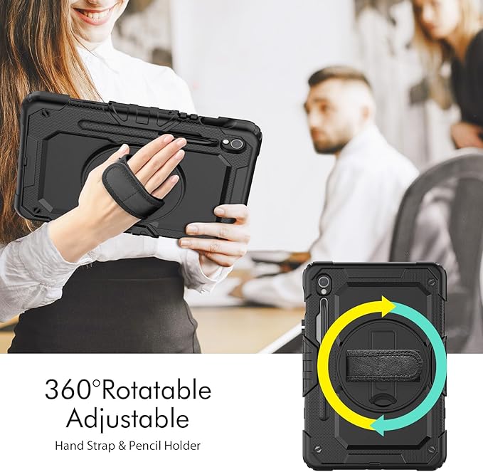 Case for Samsung Galaxy Tab S10+ / S9 FE+ Plus / S9+ Plus 12.4 Inch with Screen Protector Hand Strap Shoulder Strap 360 Rotating Stand and Pen Holder - Black