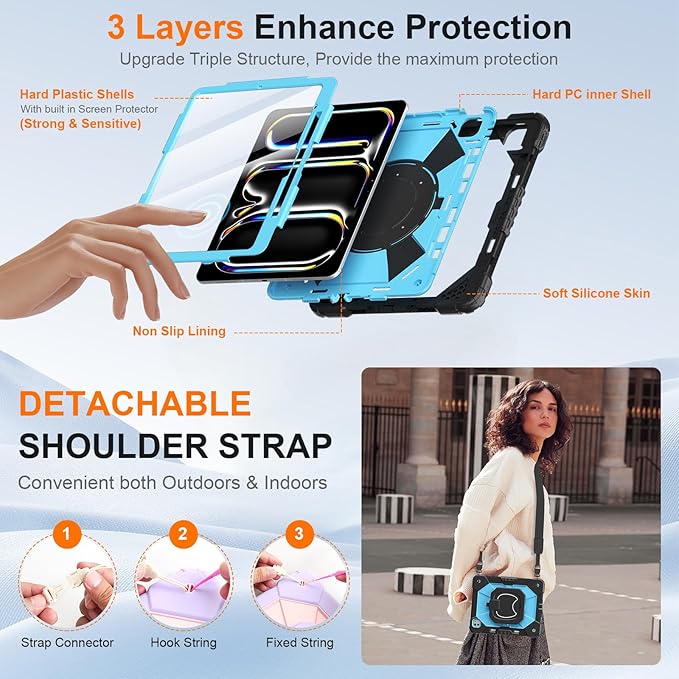 Case for iPad Pro 13 Inch M5 2025 / M4 2024 Auorld for iPad Pro 13 Inch M5 2025 with Screen Protector 360 Degree Rotating Stand Shoulder Strap Pencil Holder Black Blue