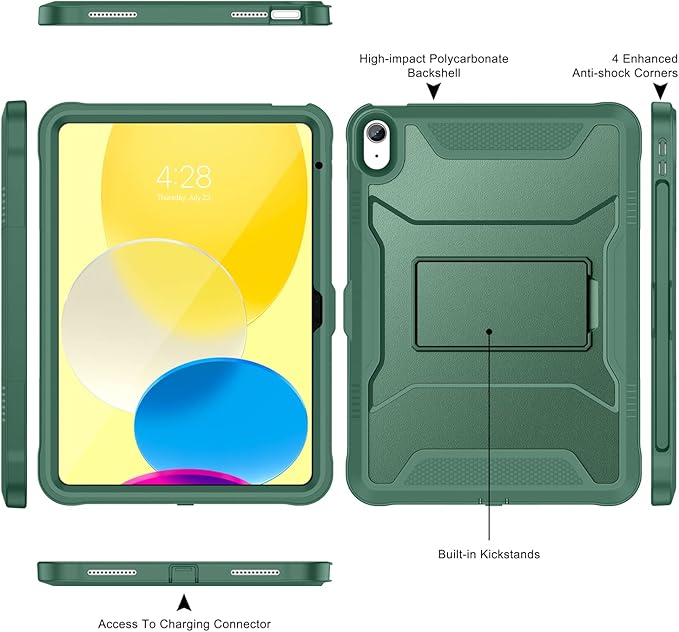Soke Case for iPad (A16) 11th Generation 11-inch 2025 iPad 10th Generation 10.9-inch 2022 with Built-in Screen Protector and Kickstand Rugged Full Body Protective Cover - Midnight Green
