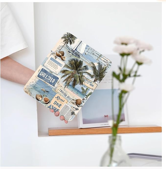 Sea Beach Newspaper for iPad Air 11 Inch Case 7th/6th Generation (M3/M2) 2025/2024 with Pencil Holder Auto Sleep/Wake White Leather Acrylic Back Detachable Cover