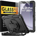 Bundle of Case for Samsung Galaxy Tab A9 Plus 11 Inch 2023 with Tempered Glass Screen Protector Pencil HolderBLOSOMEET Galaxy A9+ Plus Tablet Case with Shoulder Strap Hand Strap&ampStandBlack