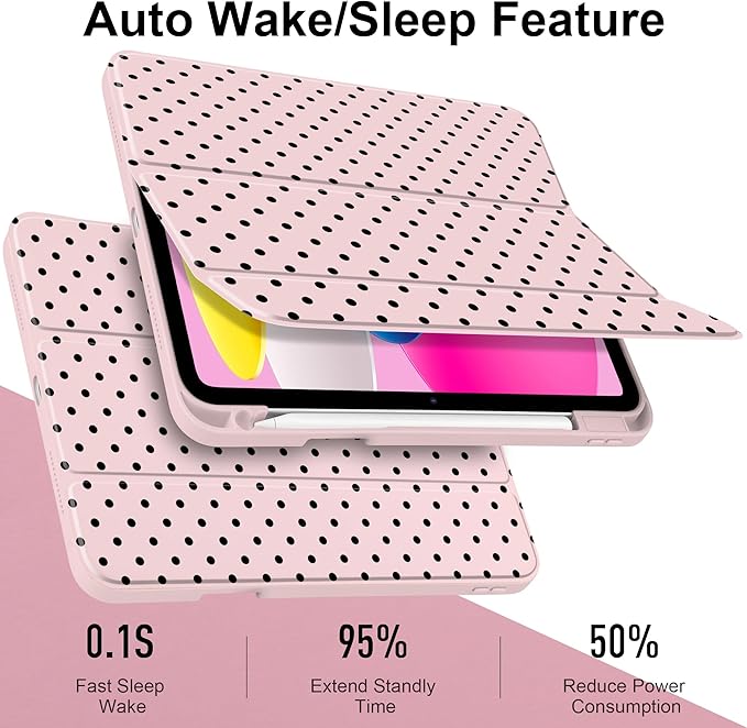 Case for iPad A16 11th Generation 11 inch 2025 iPad 10th Generation 10.9 inch 2022 -[Built-in Pencil Holder] Shockproof Clear Hard Back Trifold Stand Auto Wake/Sleep Pink Polka dot