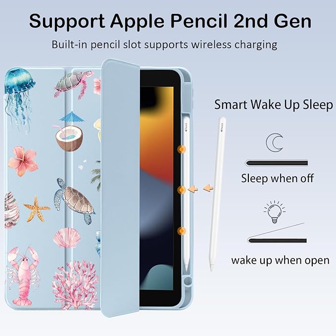 Cute Sea Turtle Flower Palm Tree for iPad mini 7 A17 Pro 2024/iPad Mini 6 Case with Pencil Holder Auto Sleep/Wake Blue Leather Clear Acrylic Back Cover