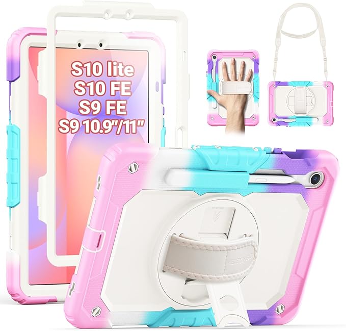 SEYMAC Case for Samsung Galaxy Tab S10 Lite/ S10 FE/ S9 FE/ S9 5G (10.9''/11'') Heavy Duty Shockproof Protective Case with Screen Protector Rotating Stand Hand Strap and Pen Holder Pink