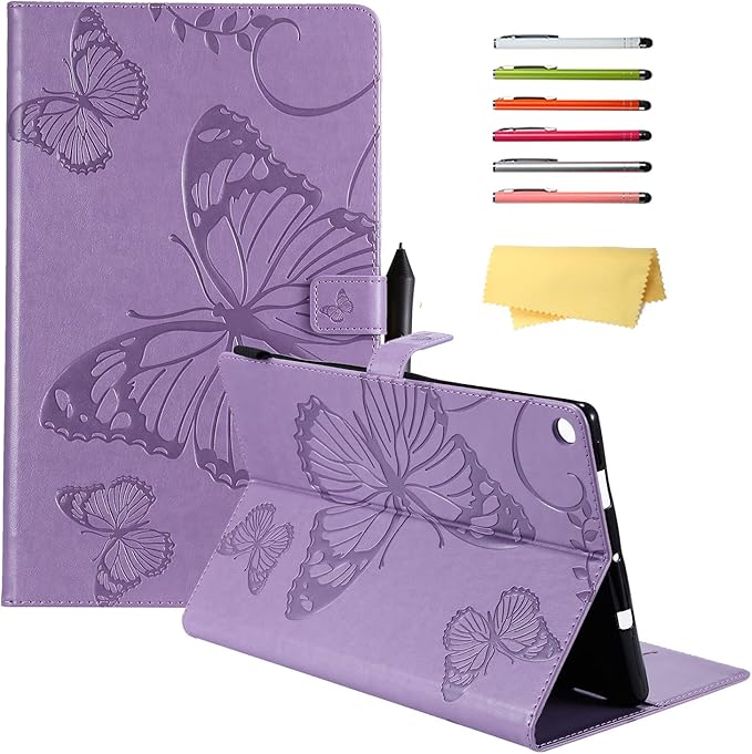 Kindle Fire HD 10 Tablet 2019/2017 Case 9th/7th Generation 10.1 with Pencil Holder Pockets [Auto Sleep/Wake] Folio Stand Embossed PU Leather Magnetic Smart Wallet TPU CoverPurple Butterfly