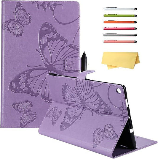Kindle Fire HD 10 Tablet 2019/2017 Case 9th/7th Generation 10.1 with Pencil Holder Pockets [Auto Sleep/Wake] Folio Stand Embossed PU Leather Magnetic Smart Wallet TPU CoverPurple Butterfly