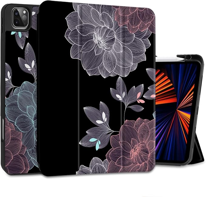 DONGKE Case for iPad Pro 12.9 inch 6th Generation 2022 Built-in Pencil Holder + Trifold Stand + Auto Wake/Sleep + Protective Cover for iPad Pro 12.9 5th/4th/3rd Gen - Elegant Flowers