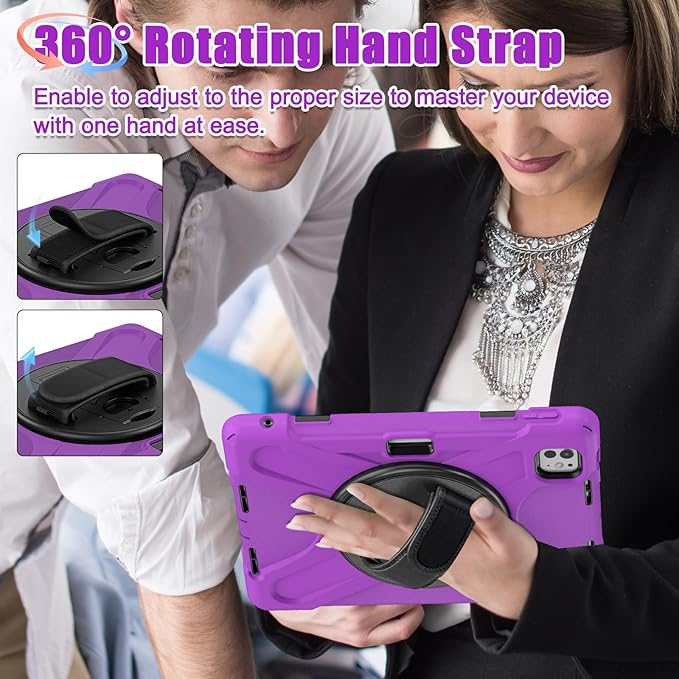 Batianda Case for New iPad Pro 11-inch 2025 M5 2024 M4 Chip Heavy Duty Rugged Durability Silicone Tablet Cover with 360° Rotating Hand Strap Foldable Hidden Stand &amp Shoulder Strap Purple