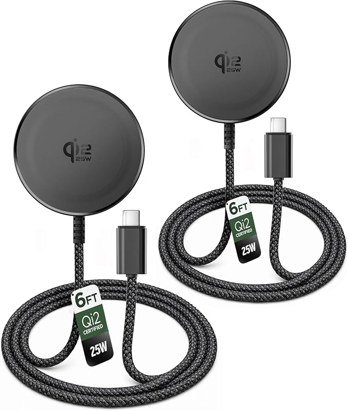 Galvanox Qi2.2 Certified 25W Magnetic Wireless Charger for Samsung (2-Pack) Fast Charging 2.0 for Galaxy S25 S26 Ultra Android and iPhone Models Compatible with MagSafe Black (6Ft)