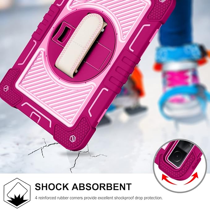 Tablet Case for Xiaomi Redmi Pad 10.61 inches 22081283G Tablet Shockproof Cover with 360° Rotating Stand and Wrist Strap Shoulder Strap Red Rose+Pink