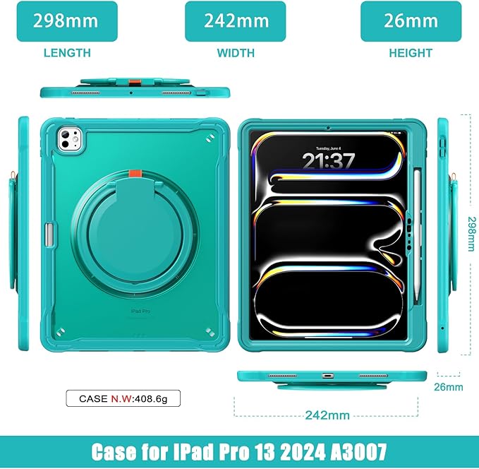 Batianda for iPad Pro 13 inch Case 2025 M5 2024 M4 Chip Lightweight Dual-Layer Protective Tablet Cover Durable Shock-Absorbing Corners with 360° Rotating Kickstand Ring Built-in Pen Slot Blue