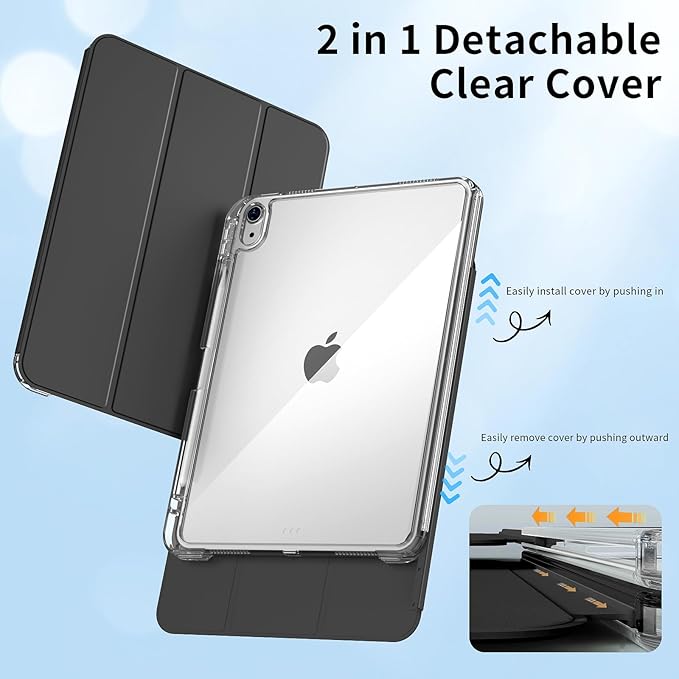 kenke Hybrid Case for iPad Air 11 Inch (M3) 2025 / (M2) 2024 iPad Air 5th/4th Gen 2022/2020 10.9 Inch with Pencil Holder Detachable Cover with Clear Hard Back Shell Auto Sleep/Wake Black