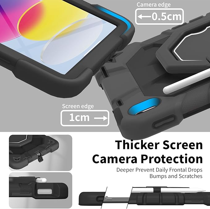 JKSML Case for iPad (A16) 11th Generation 11 Inch 2025 / iPad 10th Gen 10.9 Inch 2022 Military Grade Protection Cover with 360° Rotating Kickstand &amp Pencil Holder &amp Shoulder Strap (Black)