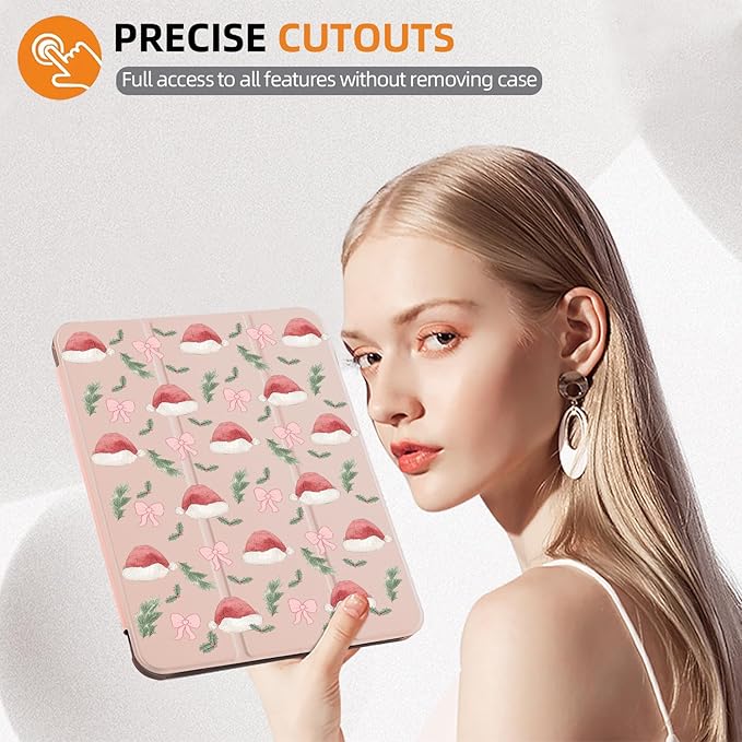 MAYCARI Cute Bow Christmas Hat Case for Ipad 5Th Stylish Xmas Tree Leaves Cover for Ipad Auto Sleep/Wake Anti-Slip Shockproof Leather Soft TPU Back Case with Pencil Holder(Girls Women Kids)