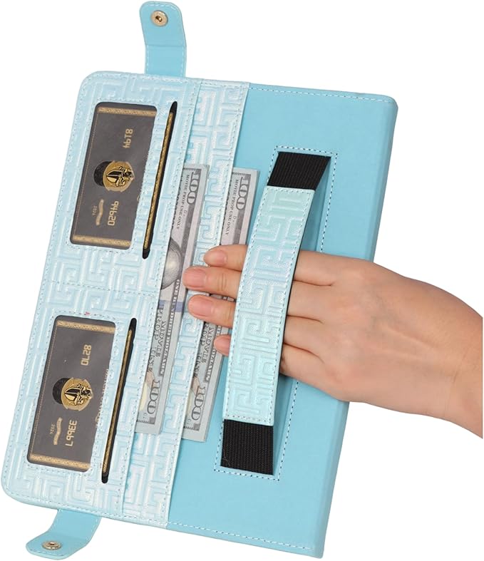 Shiny Case for iPad (A16) 2025 11/iPad 10th Generation Handbag with Hand Strap Techcircle Crossbody Iridescent Folio Stand Wallet Case with Pencil Holder+Card Slots+Shoulder Strap Shiny Blue