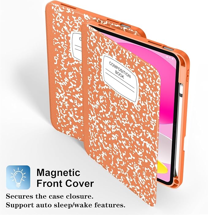 Supveco Case for iPad (A16) 11th Generation 11 inch (2025)iPad 10th Generation 10.9 inch (2022) with Pencil Holder-[Auto Wake/Sleep]Premium Folio Stand Case with Soft TPU Back Cover-Orange Book