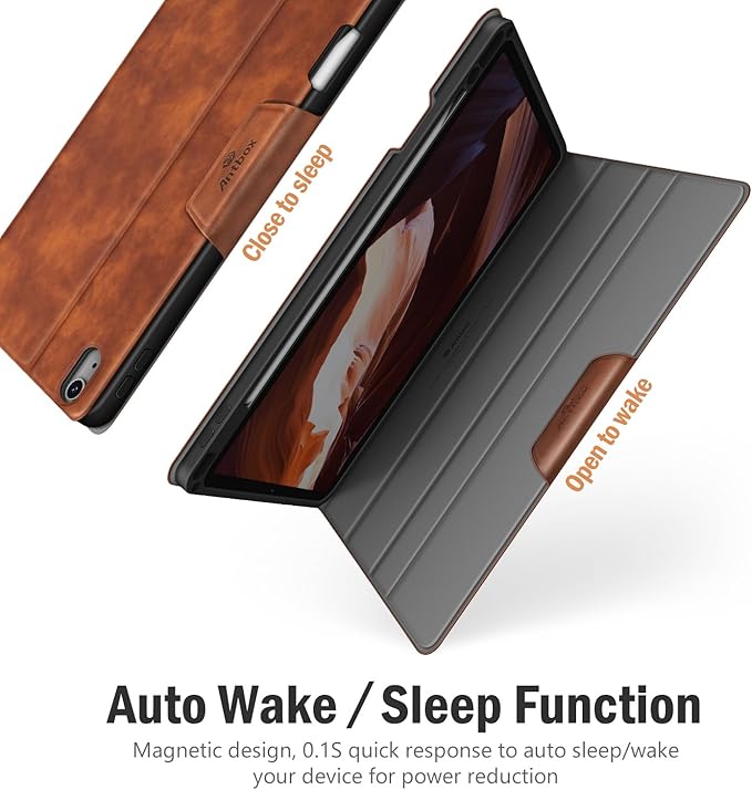 Antbox Case for iPad Air 11-inch M4/M3/M2 (2026/2025/2024) iPad Air 5th/4th Generation 10.9'' Vegan Leather with Pencil Holder Typing Angle Auto Sleep/Wake Muti-Stand (Brown)