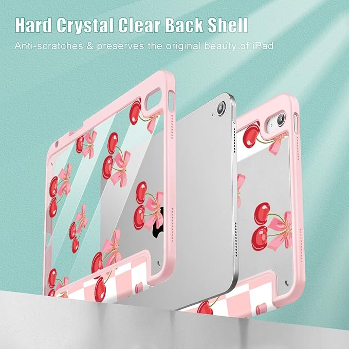 Tuiklol for 2025 iPad (A16 Chip) 11th Generation 11 inch/iPad 10th Gen 10.9 inch 2022 Case Buit in Pencil Holder with Clear Back Shell Cover Trifold Stand Auto Wake/SleepCherries Grid