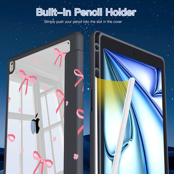Teryeefi for iPad 10.2 case 2021 20202019 Release 7th 8th 9th Generation Built in Pencil Holder - Stand-Auto Wake/Sleep TPU &amp Hard Stand Clear Back Cover for 10.2 iPad (Black Bow)