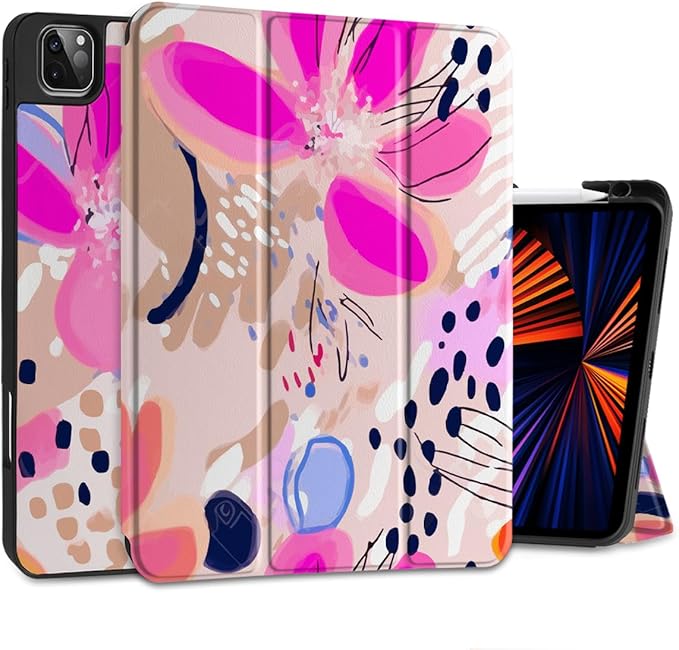 DONGKE Case for 2022/2021/2020/2018 iPad Pro 11 inch Gen 4/3/2/1 - Slim Protective Case - Built in Pencil Holder Support Charging - Trifold Stand &amp Sleep/Wake Cover - Floral Artistic