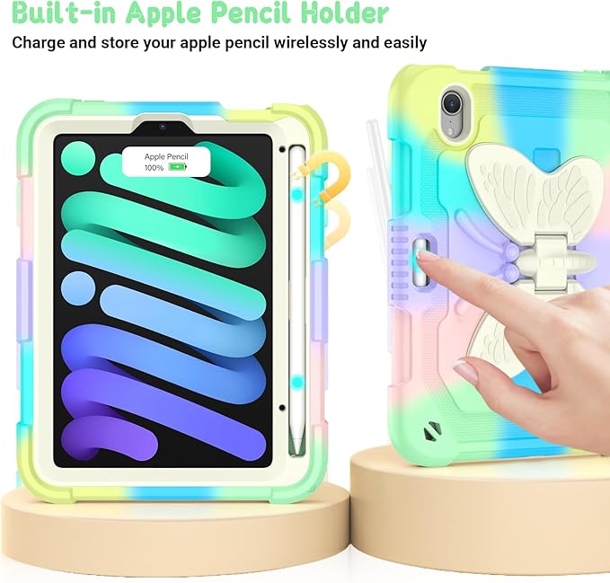 for iPad Mini 7 A17 Pro Case for iPad Mini 7th/6th Generation - Rugged Soft Silicone Cute Cartoon with Shoulder Strap Multi-Angle Stand Kawaii for Women Girls Girly Kids Teens Cover Colorful