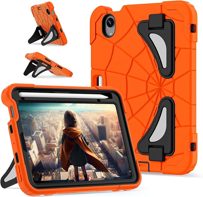 Kids Case for iPad mini 7 A17 Pro 2024/ Mini 6 8.3 inch Spider Case for iPad mini 7th 6th Generation Shockproof Durable Full Protective Cover with Pencil Holder Kickstand (Orange+Black)