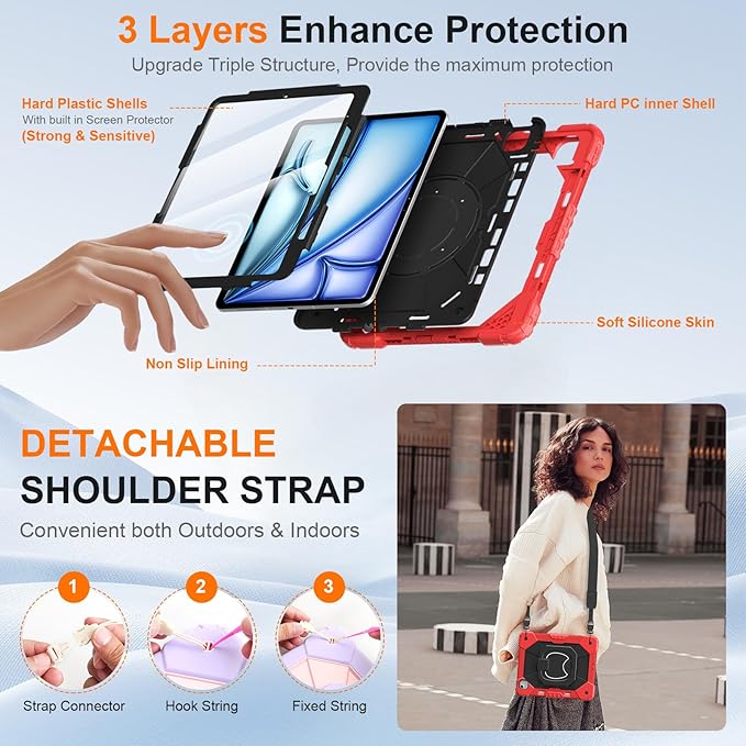 Case for iPad Air 13 Inch Case M4 2026/M3 2025/ M2 2024 Auorld for iPad Air 13 Inch Case M4 2026 Case with Screen Protector 360 Degree Rotating Stand Shoulder Strap Pencil Holder Red Black