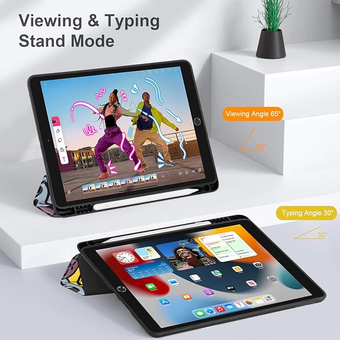 Mektron Designed Printed iPad 10.2 Case 9th Gen (2021)/ 8th Gen (2020)/ 7th Gen (2019) with Pencil Holder Slim Protective Case with Soft TPU Back Auto Wake/Sleep for iPad 10.2 Inch Smiling Face