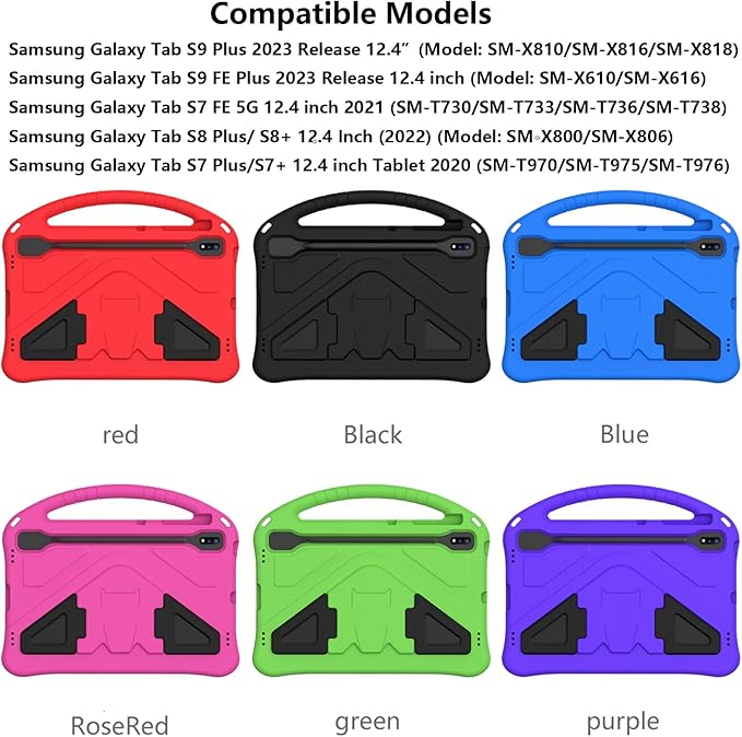 Kids Case for Galaxy Tab S9 Plus/Tab S9 FE Plus 2023/Tab S7 FE 5G 2021/Tab S8 Plus 2022/Tab S7 Plus 2020 12.4 inch with S Pen Holder/Handle Stand Cover for Tab S9 FE+/S7 FE/S9+/S8+/S7+ Black