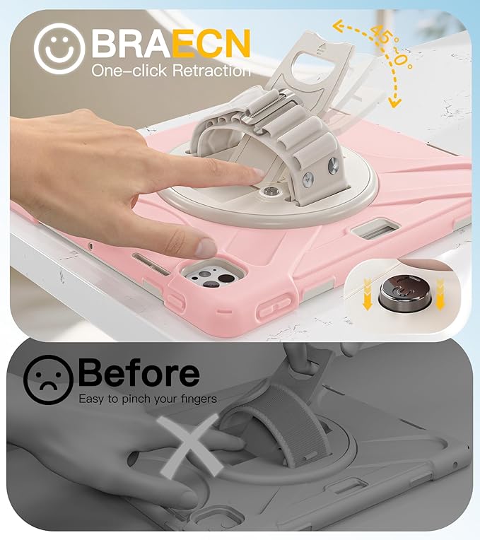 BRAECN for iPad Pro 13 inch Case M5 2025 &amp M4 2024 Heavy Duty Shockproof Protective with Pencil Holder Screen Protector 360°Rotating Stand Handle &amp Shoulder Strap Full Body Cover Kids Friendly