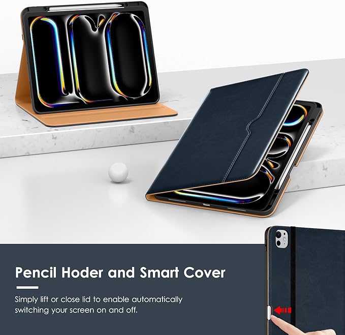 VIKESI Case for iPad Pro 13-inch M5 or M4 Released in 2025 or 2024 Leather Stand Cover with Apple Pencil Holder Auto Wake/Sleep Multiple Viewing Angles Built in Hand Strap &amp PocketBlue