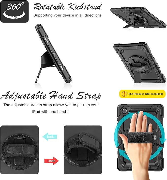 Case for Samsung Galaxy Tab A8 5G Tablet Case 10.5 inch [with Tempered Glass Screen Protector] Rotatable Kickstand S Pen Holder Hand/Shoulder Strap (Black)