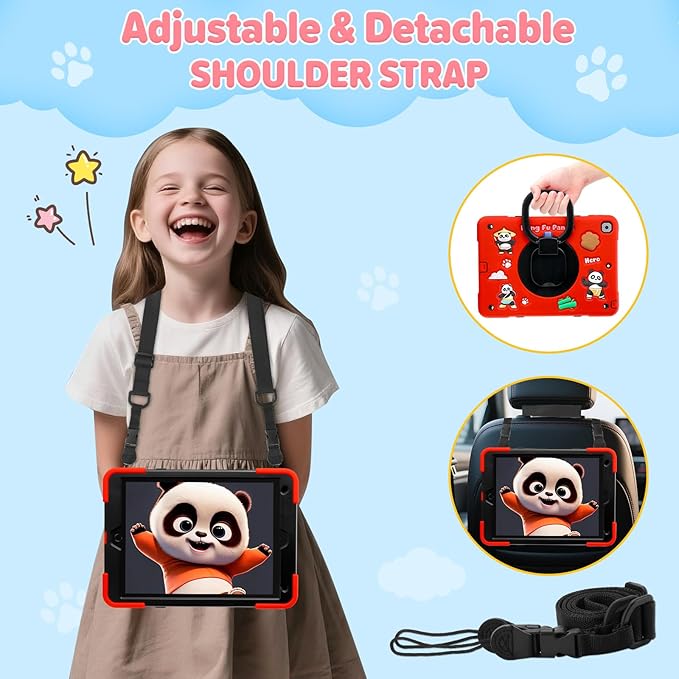 Case for iPad 9th/8th/7th GenerationCute 3D Cool Panda Warrior Design Cover with Screen Protector Rugged Protective Cartoon Case with Stand/Strap/Pen Slot for iPad 10.2 Kids Teens (Red+Black)