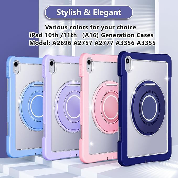 Case for iPad (A16) 11th /10th Generation 11 Inch 2025/10.9 inch 2022with Screen Protector360 Rotating Metal StandClear BackHeavy Duty Shockproof for Kids Case Navy Blue