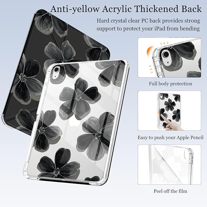 Cute Floral Flower for iPad Pro 11 Inch Case (M5/M4) 2025/2024 with Pencil Holder Auto Sleep/Wake Black Leather Acrylic Back Detachable Cover